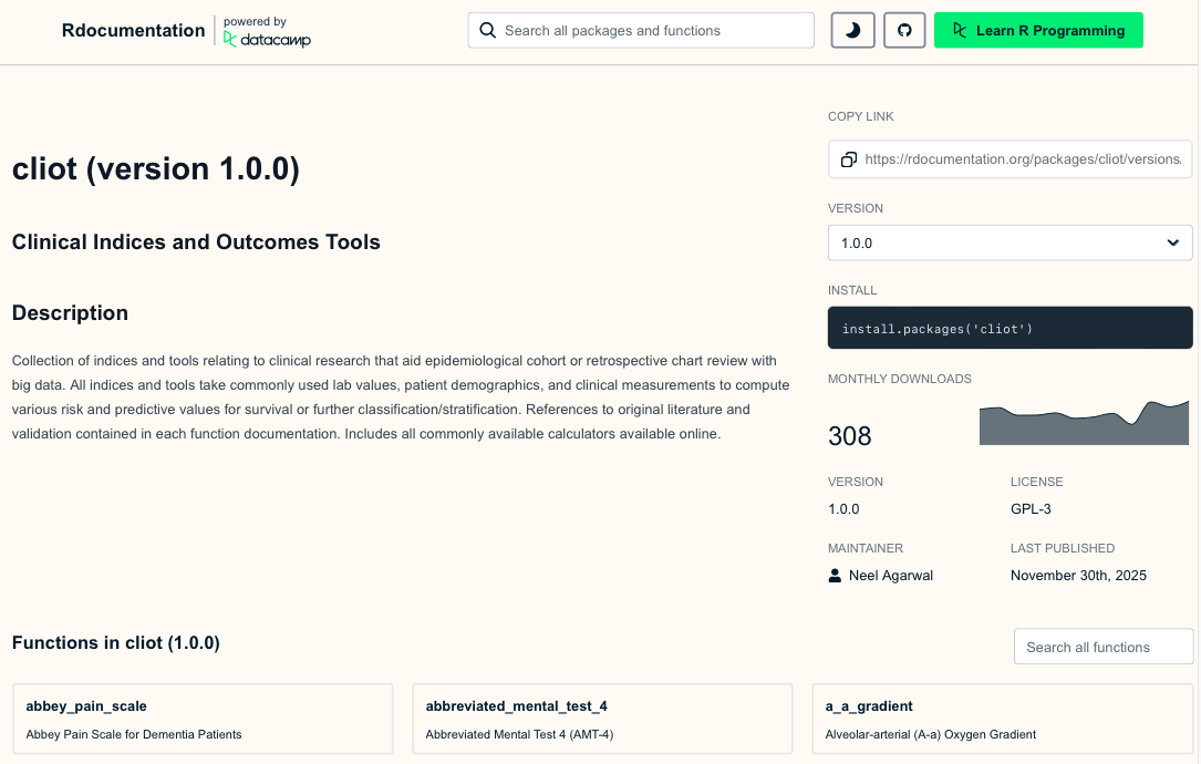 Illustration of an open cardboard box with the R logo on it, with plots and tables flying out of it.