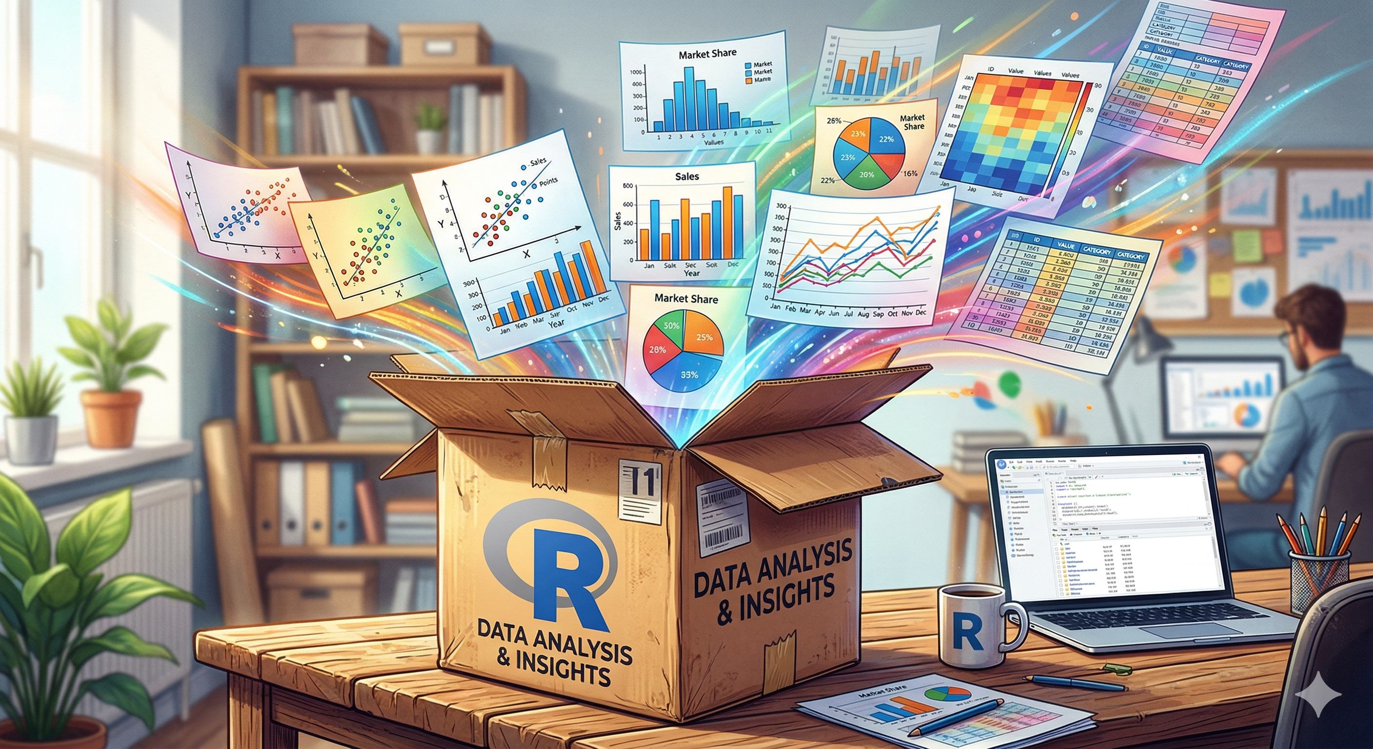 Illustration of an open cardboard box with the R logo on it, with plots and tables flying out of it.