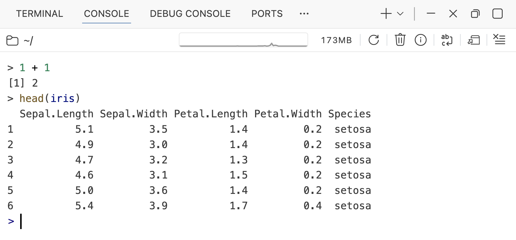 Screenshot of the Positron console, showing a simple calculation and the head of the iris dataset