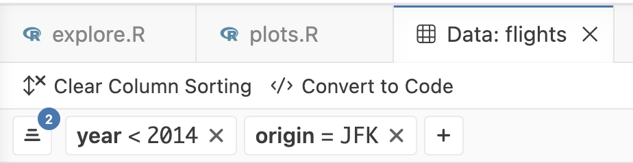 Screenshot of the Positron Data Explorer, showing the Convert to Code button
