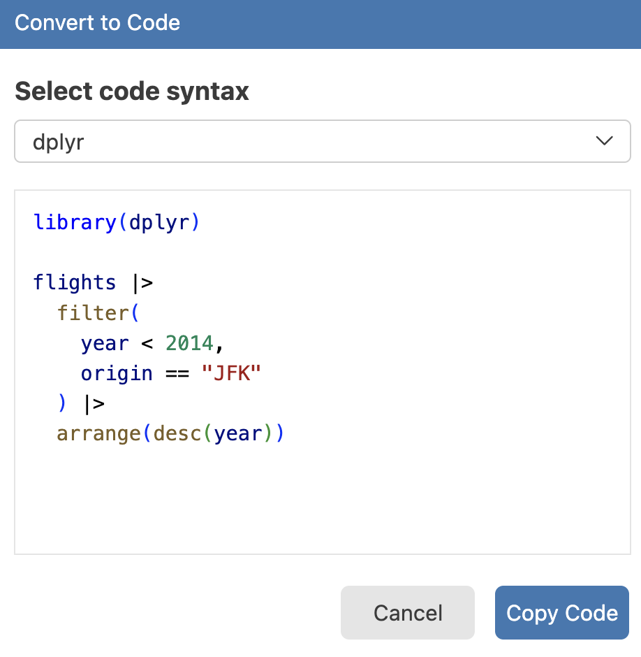 Screenshot of the Positron Data Explorer, showing the generated R code