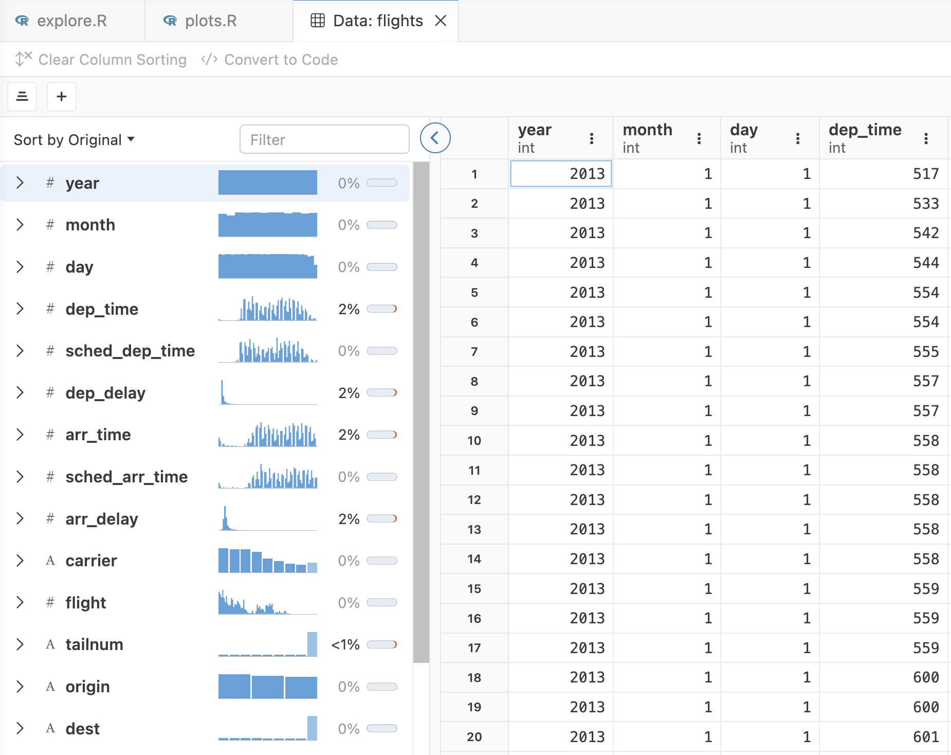 Screenshot of the Positron Variables pane, showing the flights data frame with a small table icon next to it
