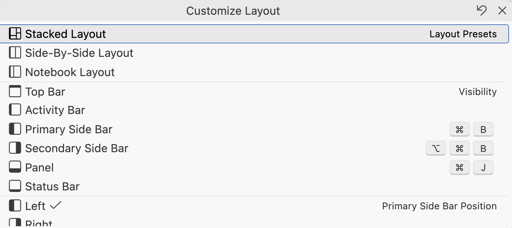 Screenshot of the Positron Customize Layout dialog
