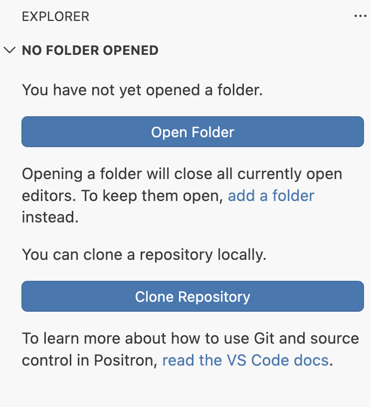 Positron welcome screen, with a button to open a folder