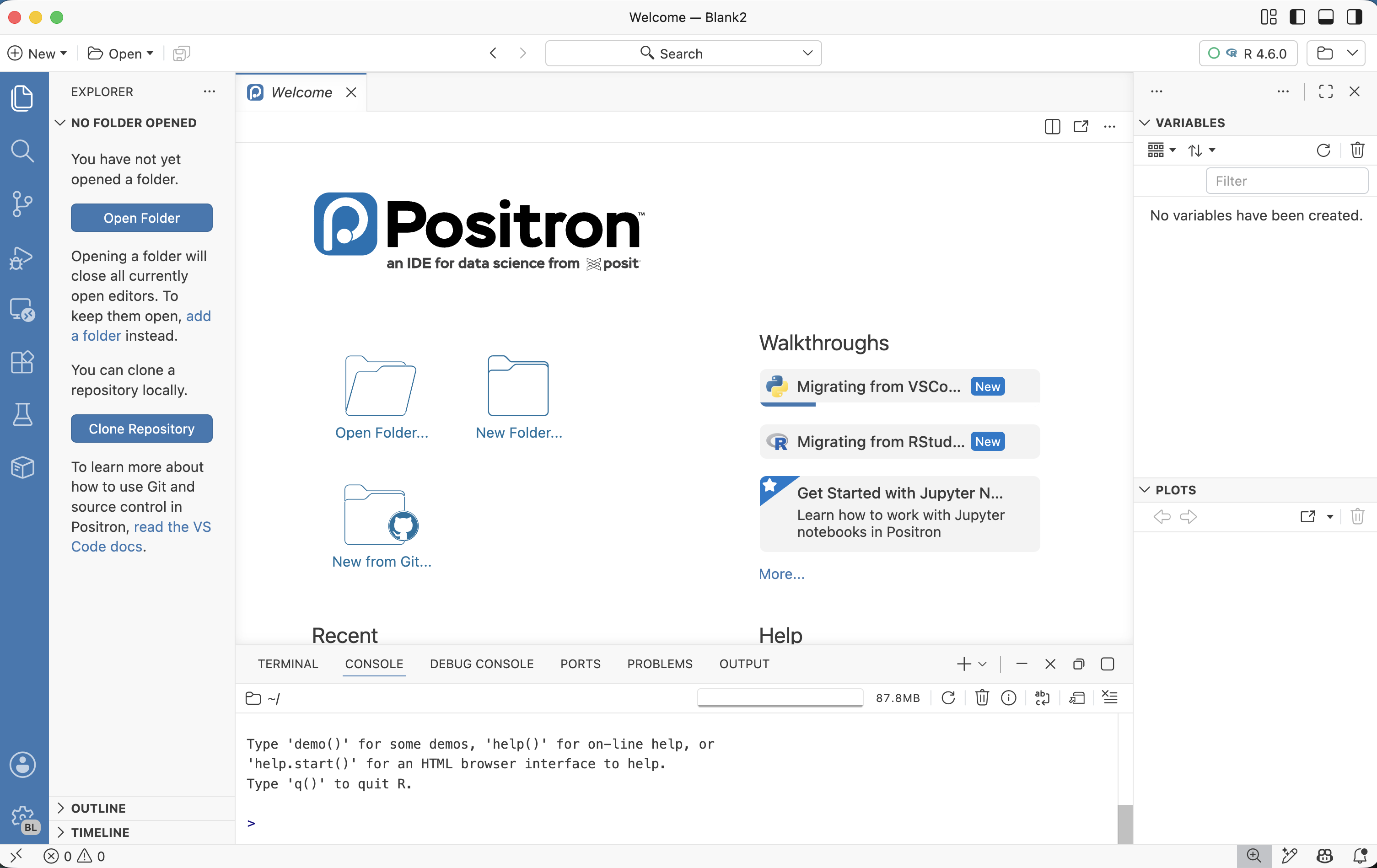 Screenshot of the Positron IDE, with the Editor, Console, and various panes