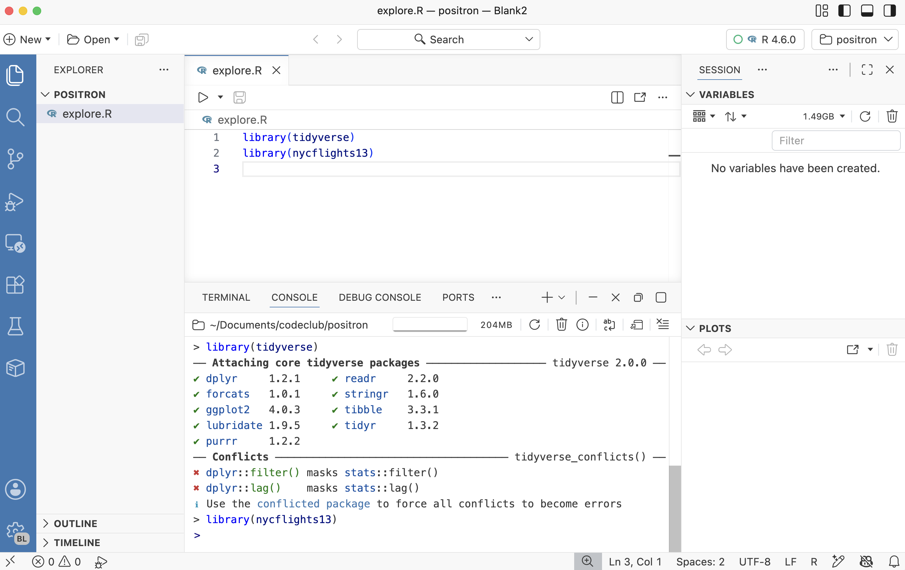 Screenshot of the Positron IDE, with the Editor, Console, and various panes