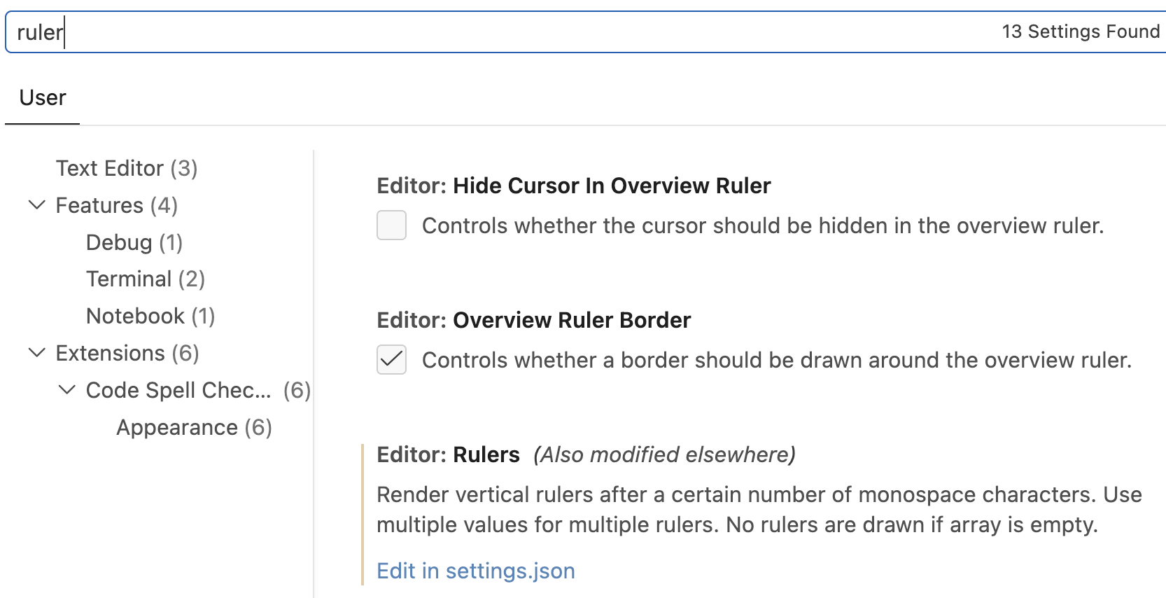 Screenshot of the Positron Settings UI, showing the editor.rulers setting