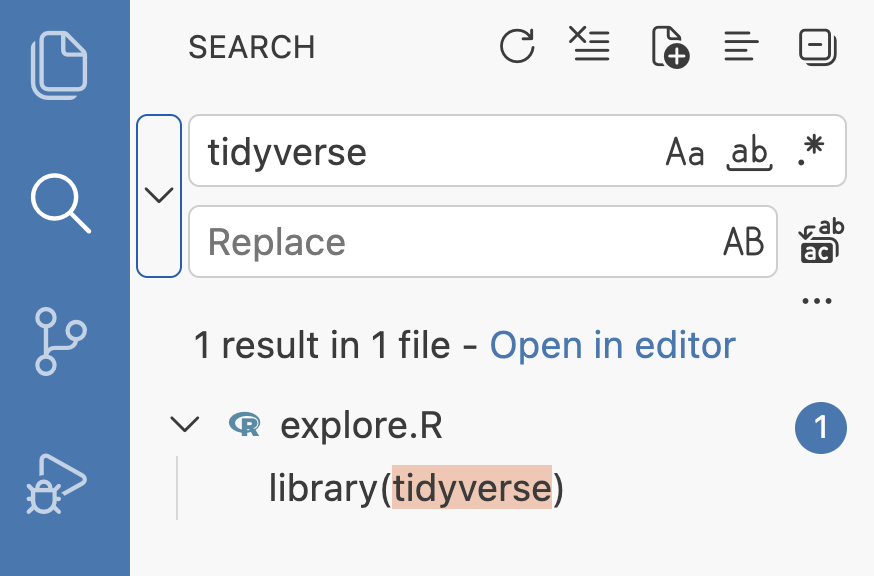 Screenshot of the Positron Search pane, showing a search for 'tidyverse' and one match in explore.R