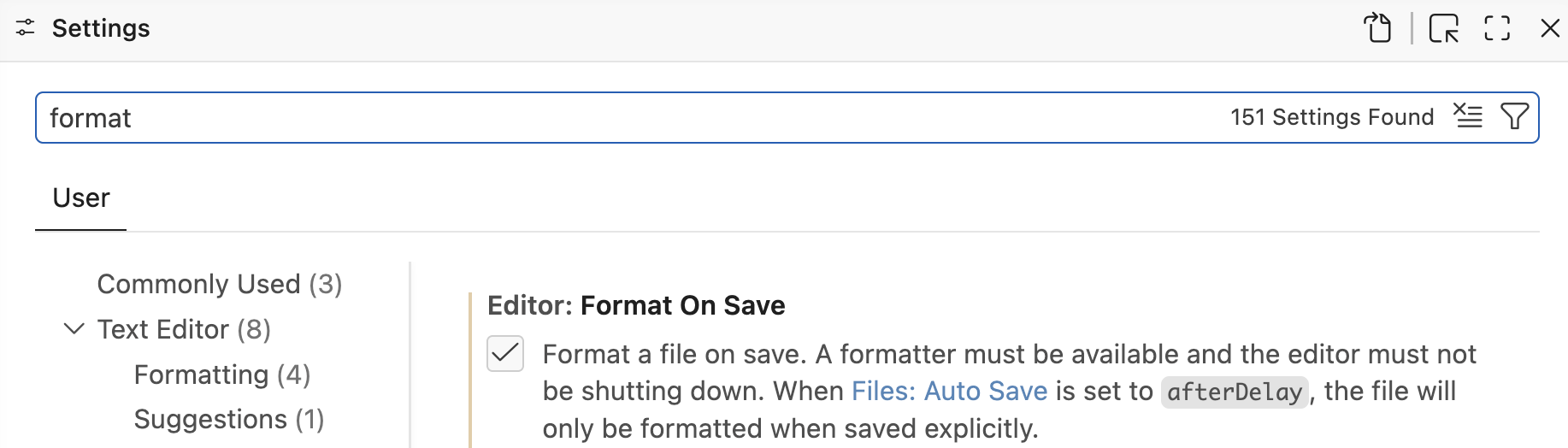 Screenshot of the Positron Settings UI, showing the search bar and the editor.formatOnSave setting