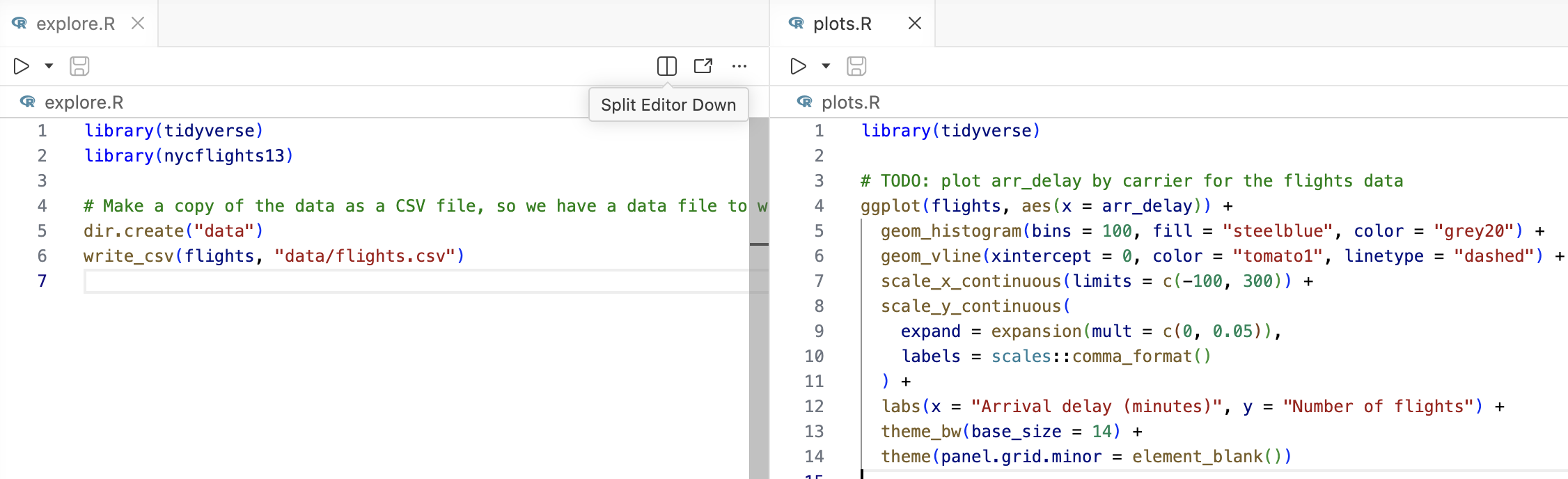 Screenshot of the Positron IDE, showing two editor tabs side by side