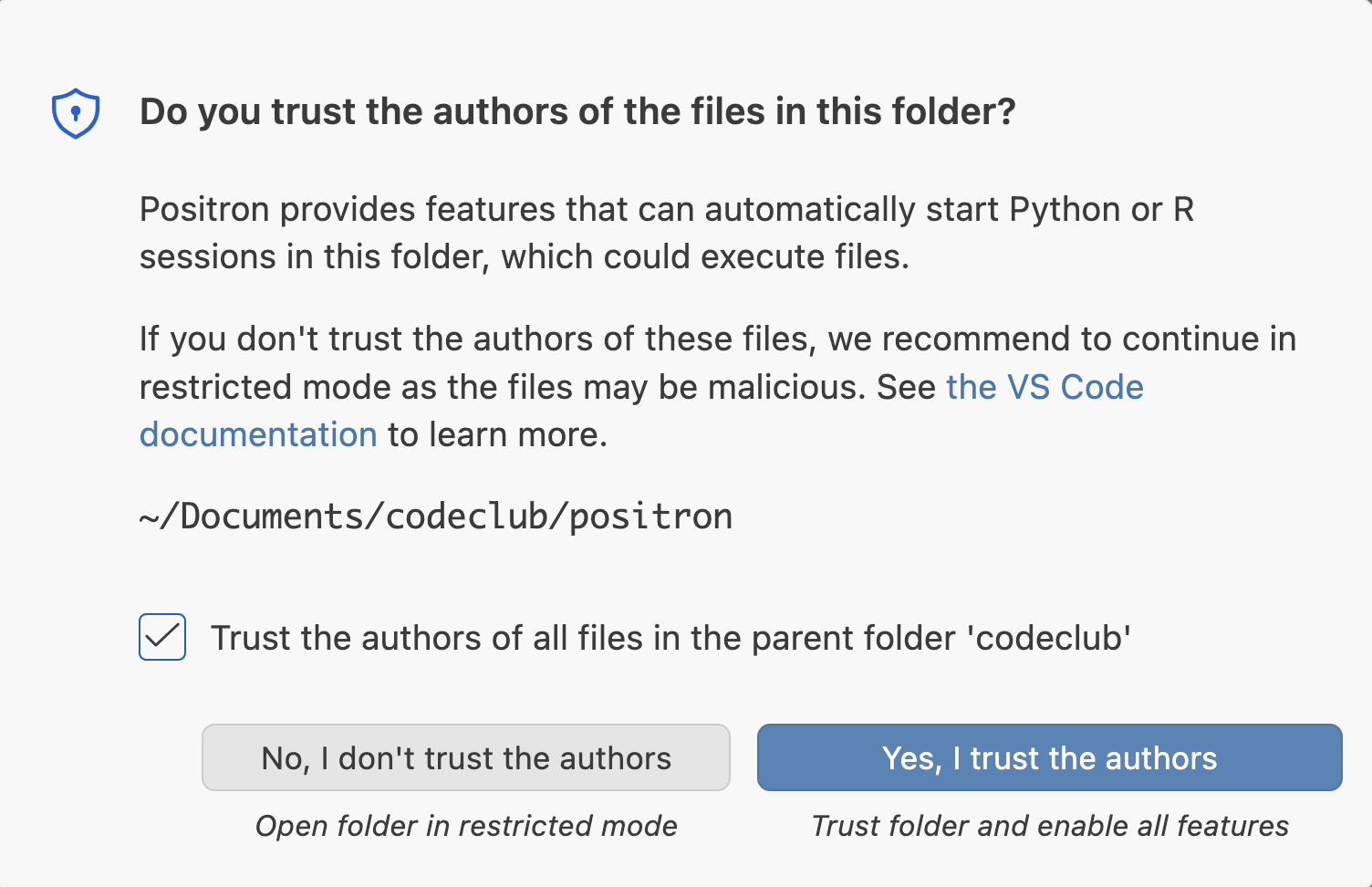 Positron dialog asking whether to trust the folder you just opened