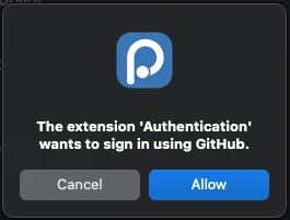 The extension 'Authentication' wants to sign in using GitHub