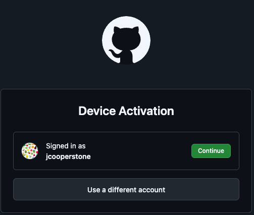 Selecting a log in for activating your device with GitHub