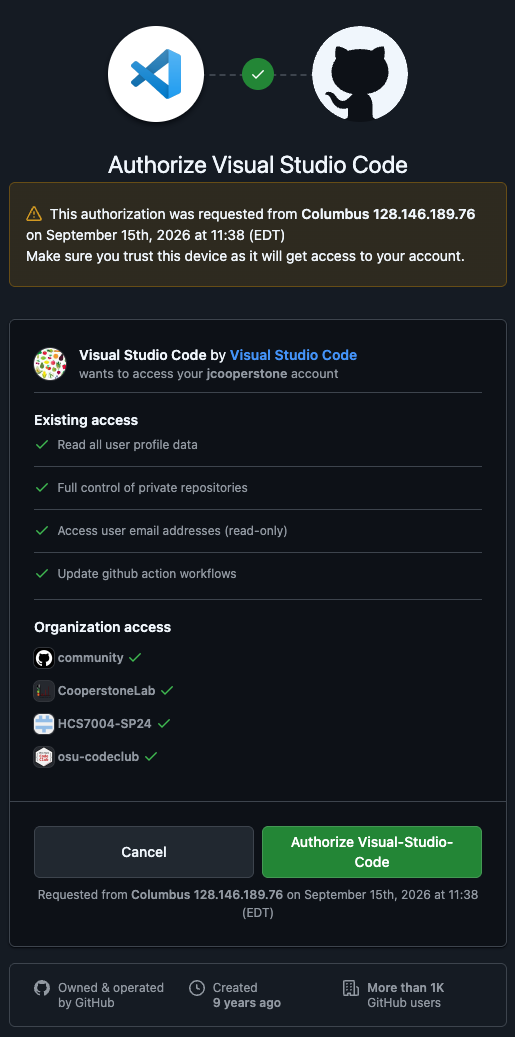 Authorize yVS Code to access your GitHub account with the username you've previously indicated. This allows existing access to reading user profile data, controlling private repos, access user email address and update github action workflows. along with some community access.