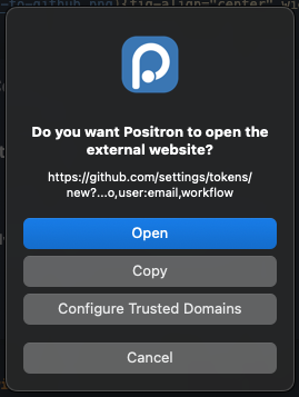 Positron is asking if you want Positron to open the external website.
