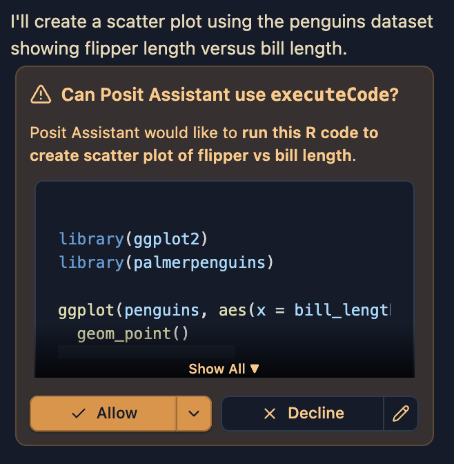 Posit Assistant asking if it can execute code.