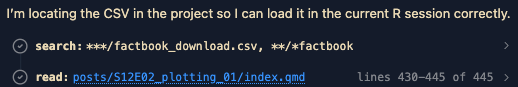 Posit AI message that it is locating the CSV in the project so it can load it into the current R session correctly..